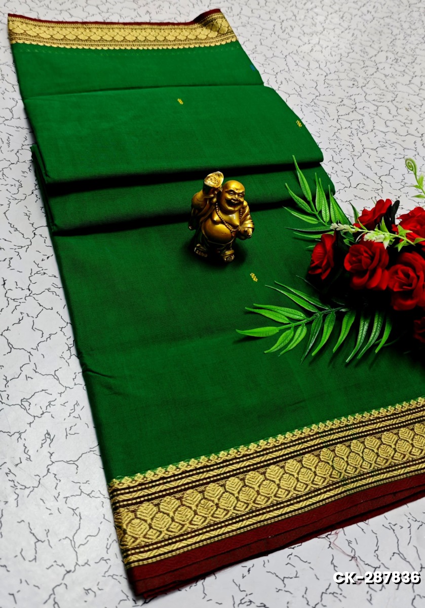 PURE COTTON JARI BORDER SAREES SUMMER SPECIAL COLLECTION - BOTTLE GREEN (1)