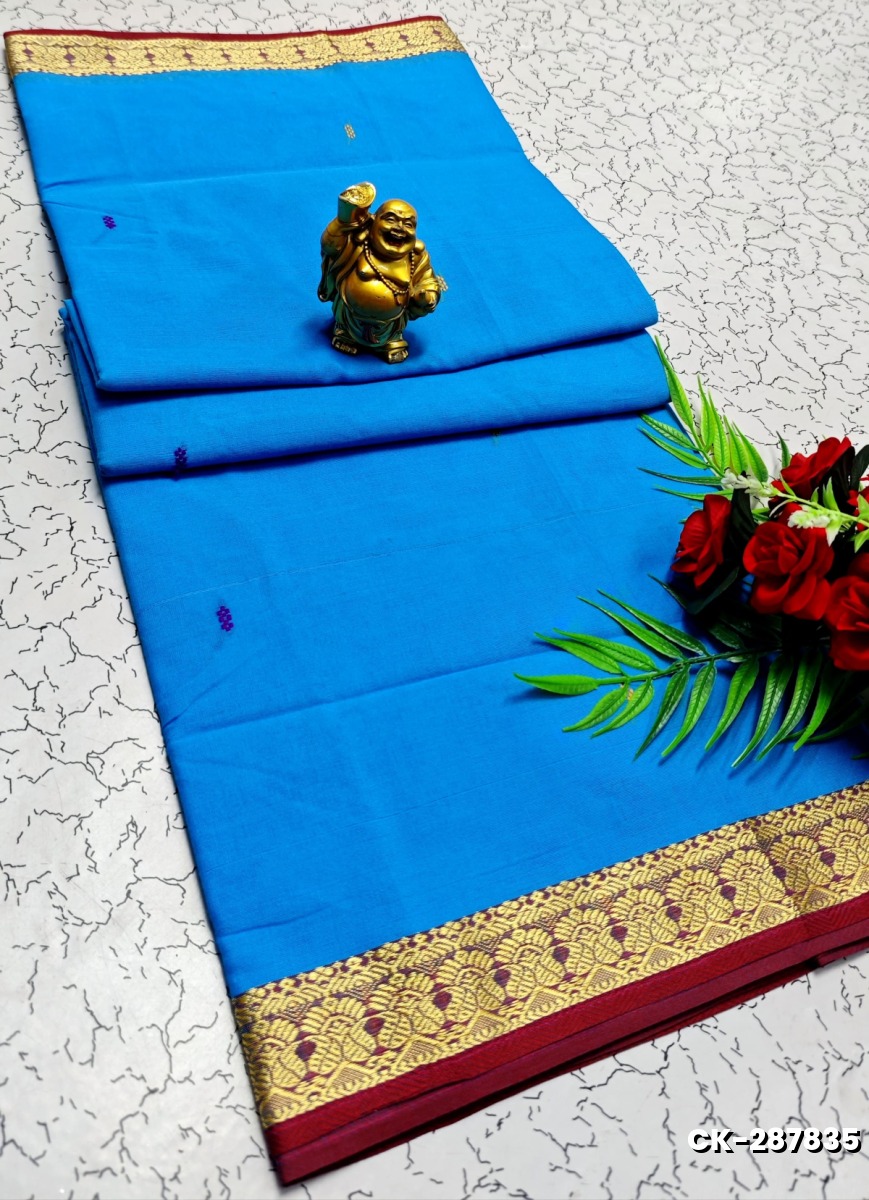 PURE COTTON JARI BORDER SAREES SUMMER SPECIAL COLLECTION - DARK SKY BLUE (1)