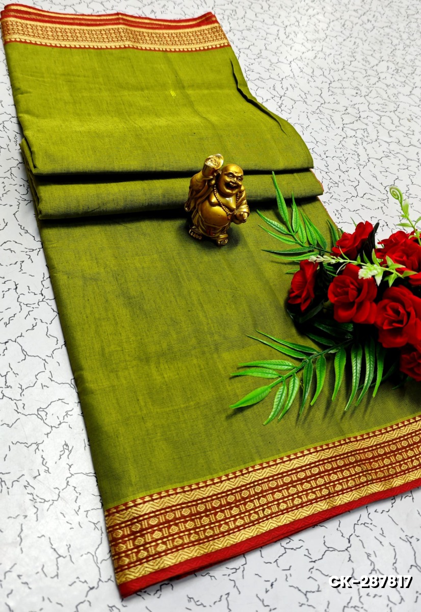 PURE COTTON JARI BORDER SAREES SUMMER SPECIAL COLLECTION - OLIVE GREEN