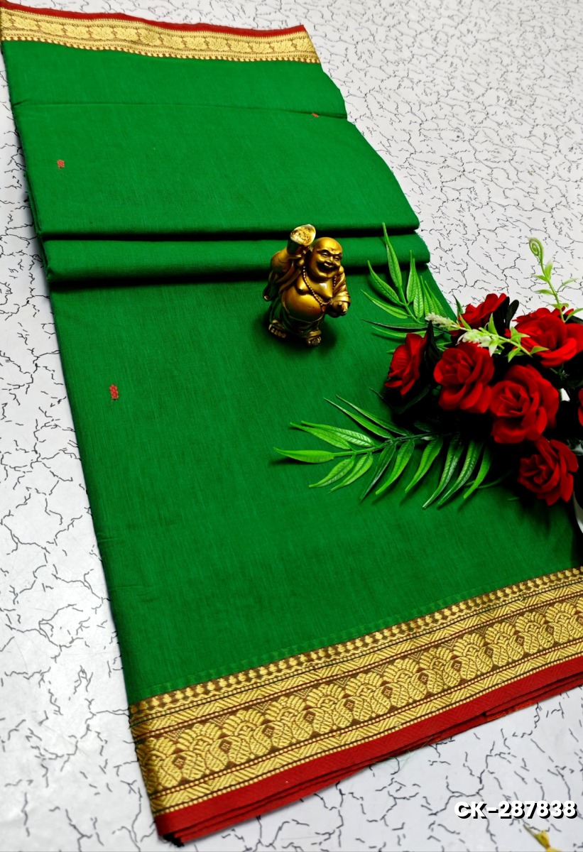 PURE COTTON JARI BORDER SAREES SUMMER SPECIAL COLLECTION - DARK GREEN