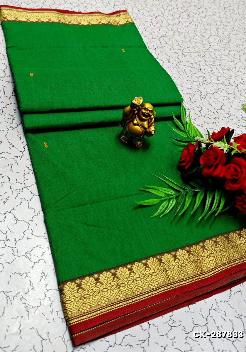 PURE COTTON JARI BORDER SAREES SUMMER SPECIAL COLLECTION - GREEN COLOUR