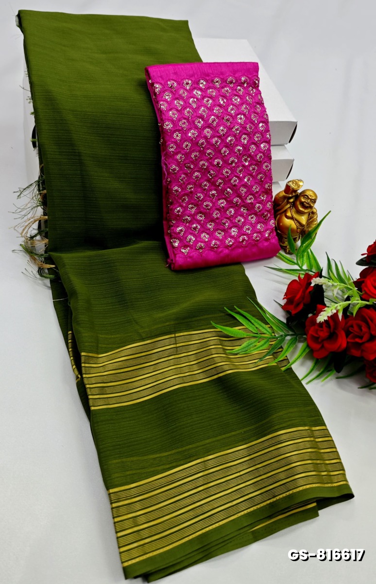GEORGETTE  FANCY SOFT SILK SAREES - OLIVE GREEN