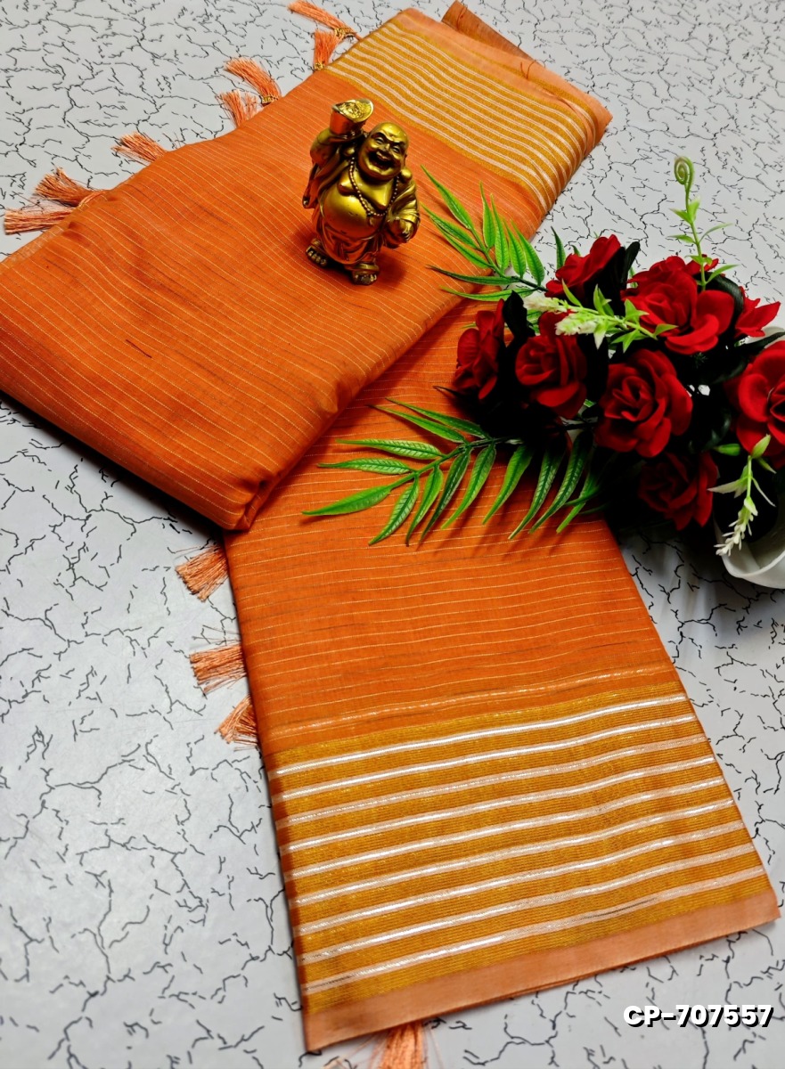 FANCY PLAIN COTTON  SOFT SILK SAREES - LIGHT ORANGE