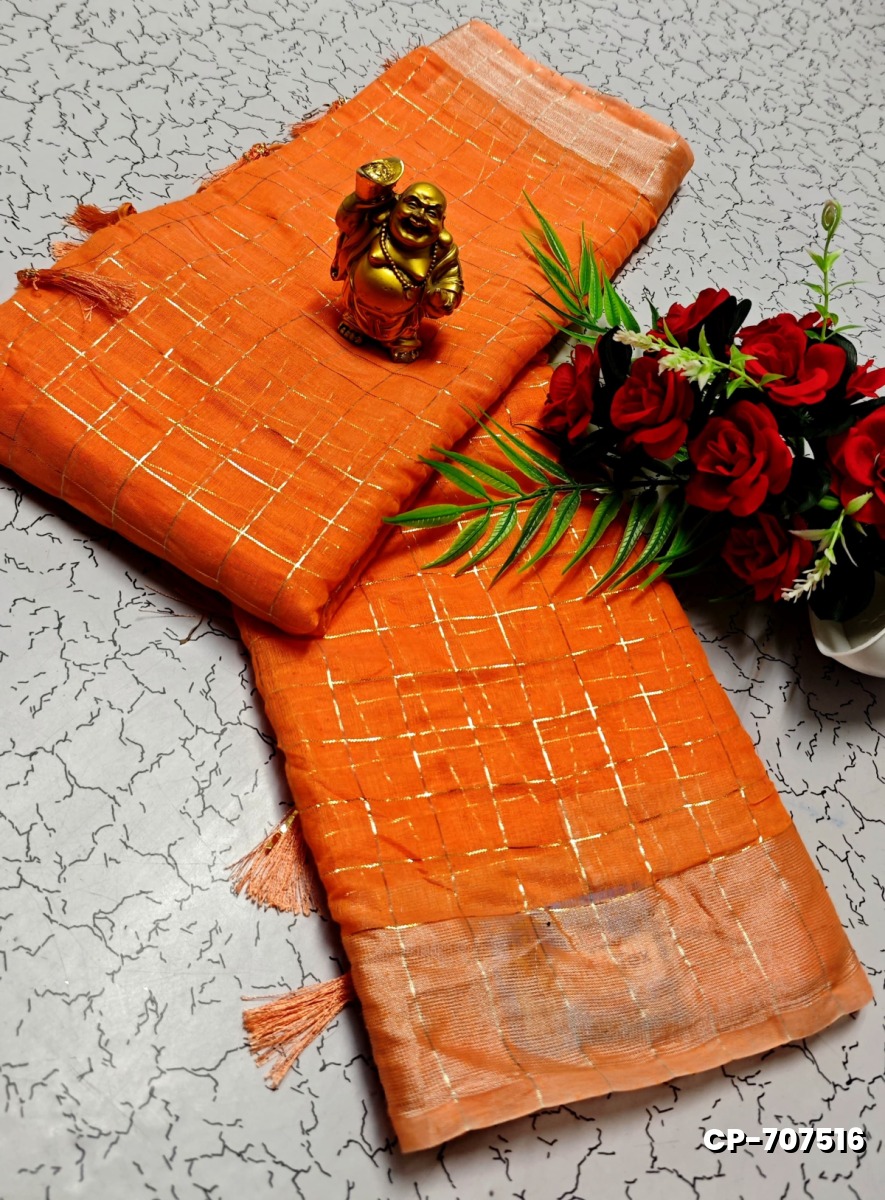 FANCY PLAIN COTTON  SOFT SILK SAREES - ORANGE