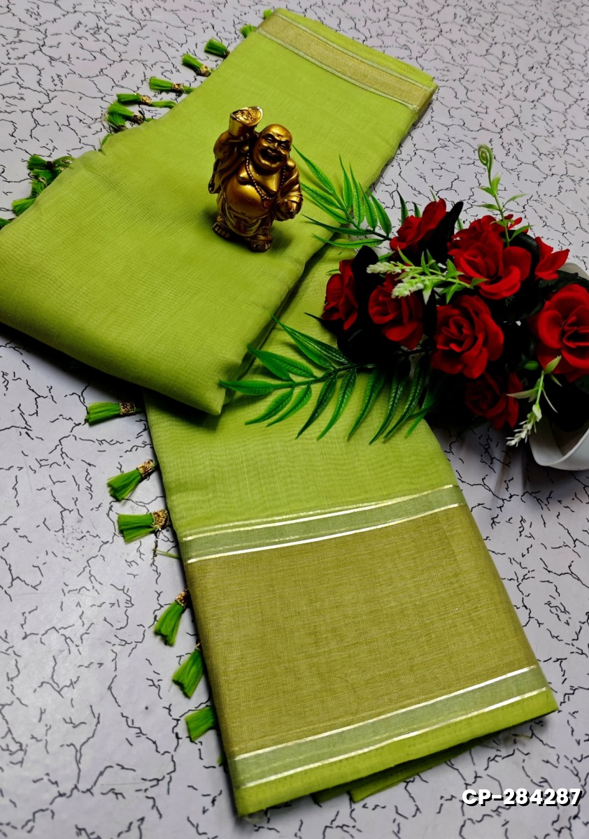 FANCY PLAIN COTTON SOFT SILK SAREES - FLORAISON GREEN