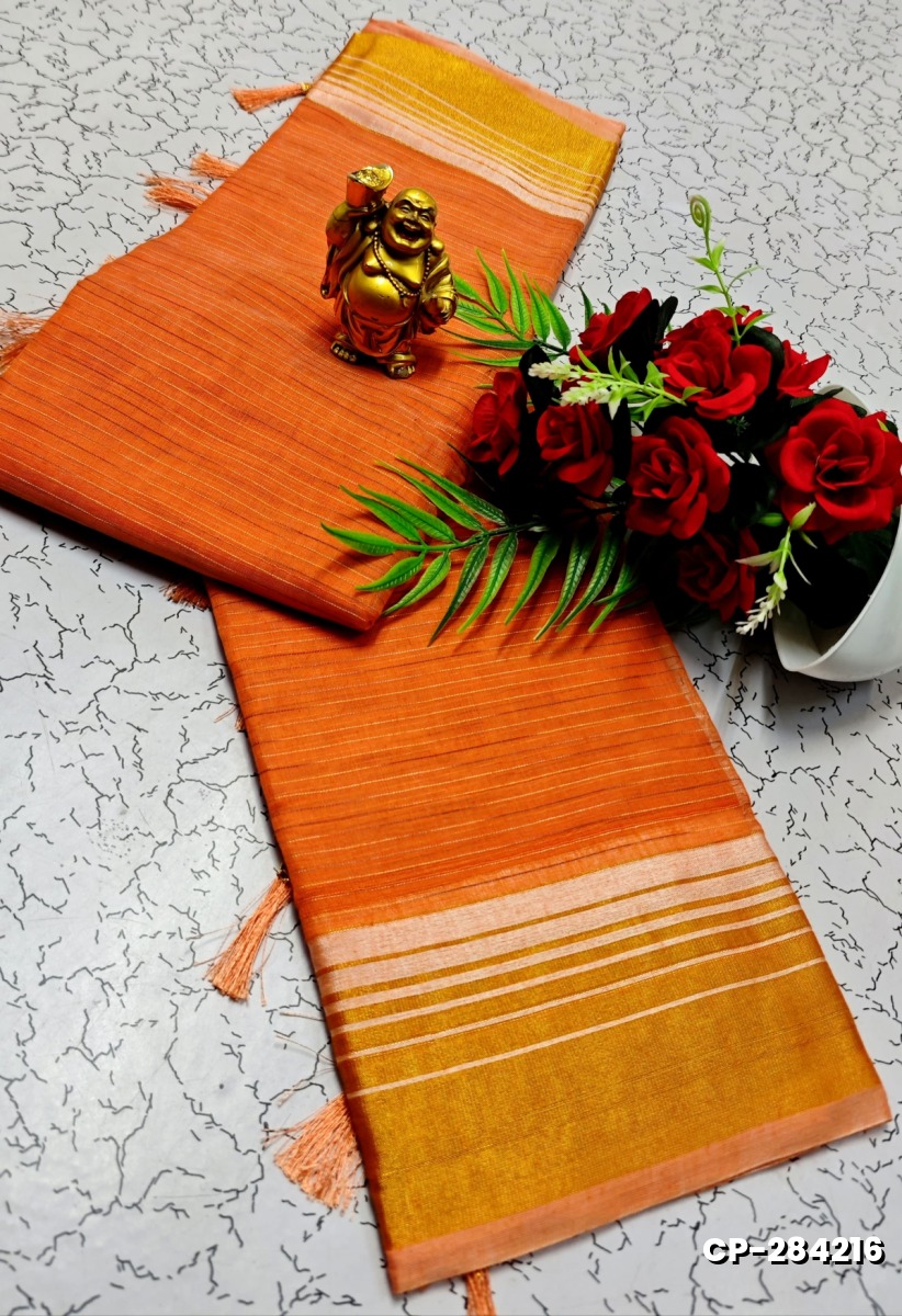 FANCY PLAIN COTTON SOFT SILK SAREES - ORANGE