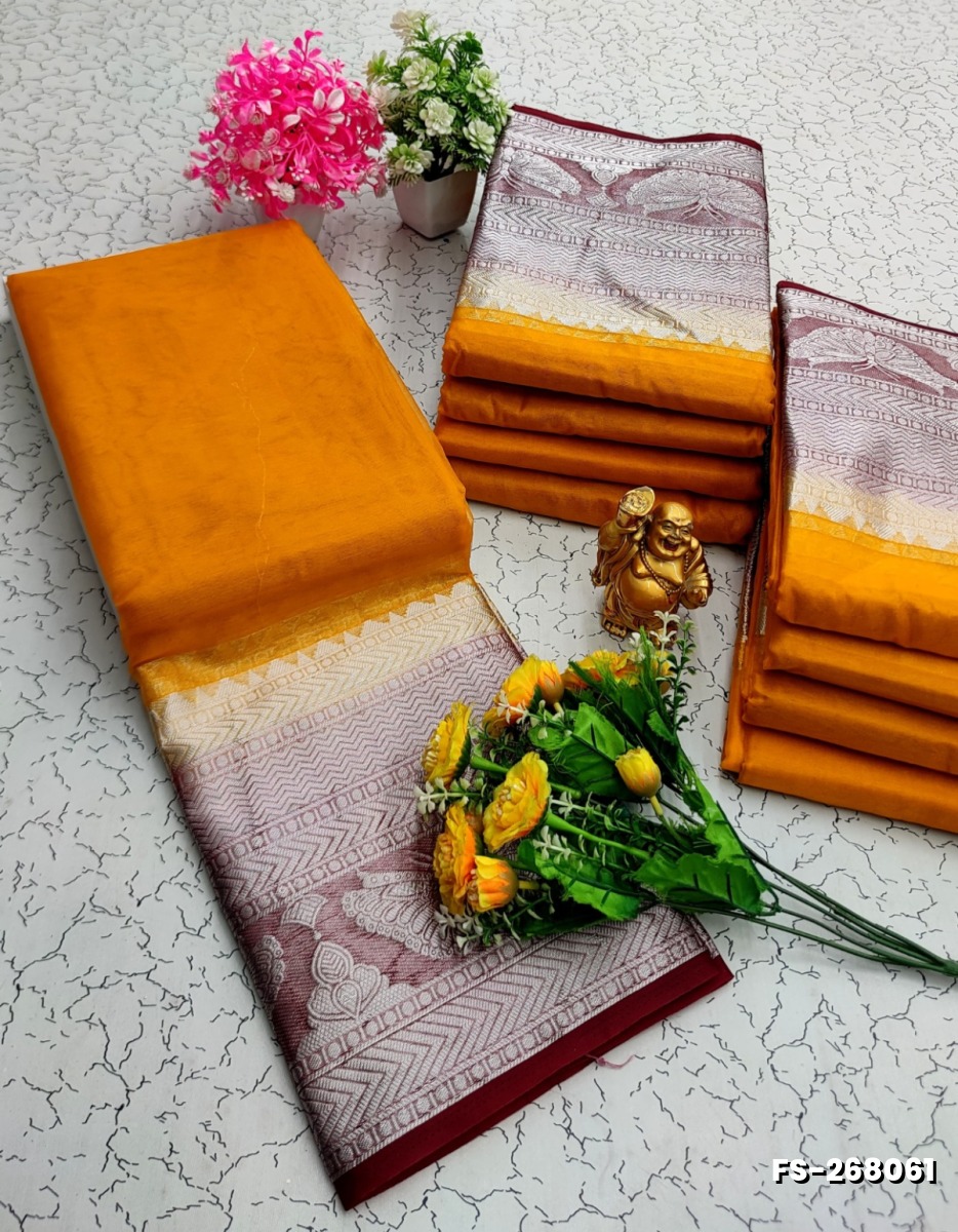 FANCY SILVAR ZARI PLAIN  SOFT SILK SAREES - YELLOW COLOR