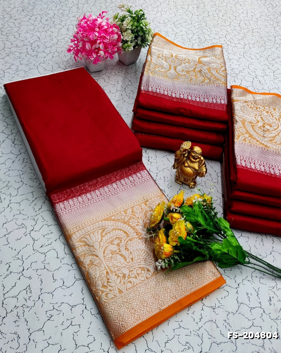 FANCY SILVAR ZARI PLAIN SOFT SILK SAREES - RED