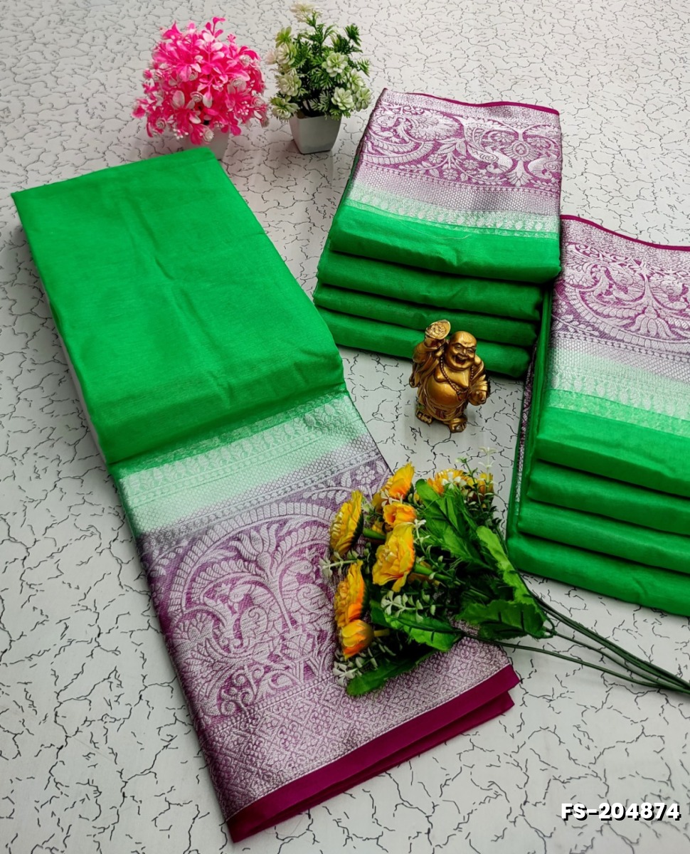 FANCY SILVAR ZARI PLAIN SOFT SILK SAREES - EMERALD COLOUR