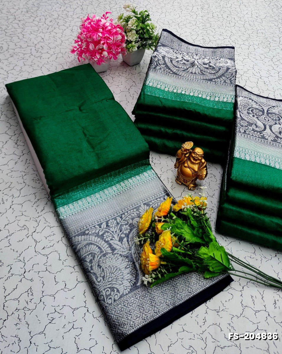 FANCY SILVAR ZARI PLAIN SOFT SILK SAREES - BOTTLE GREEN