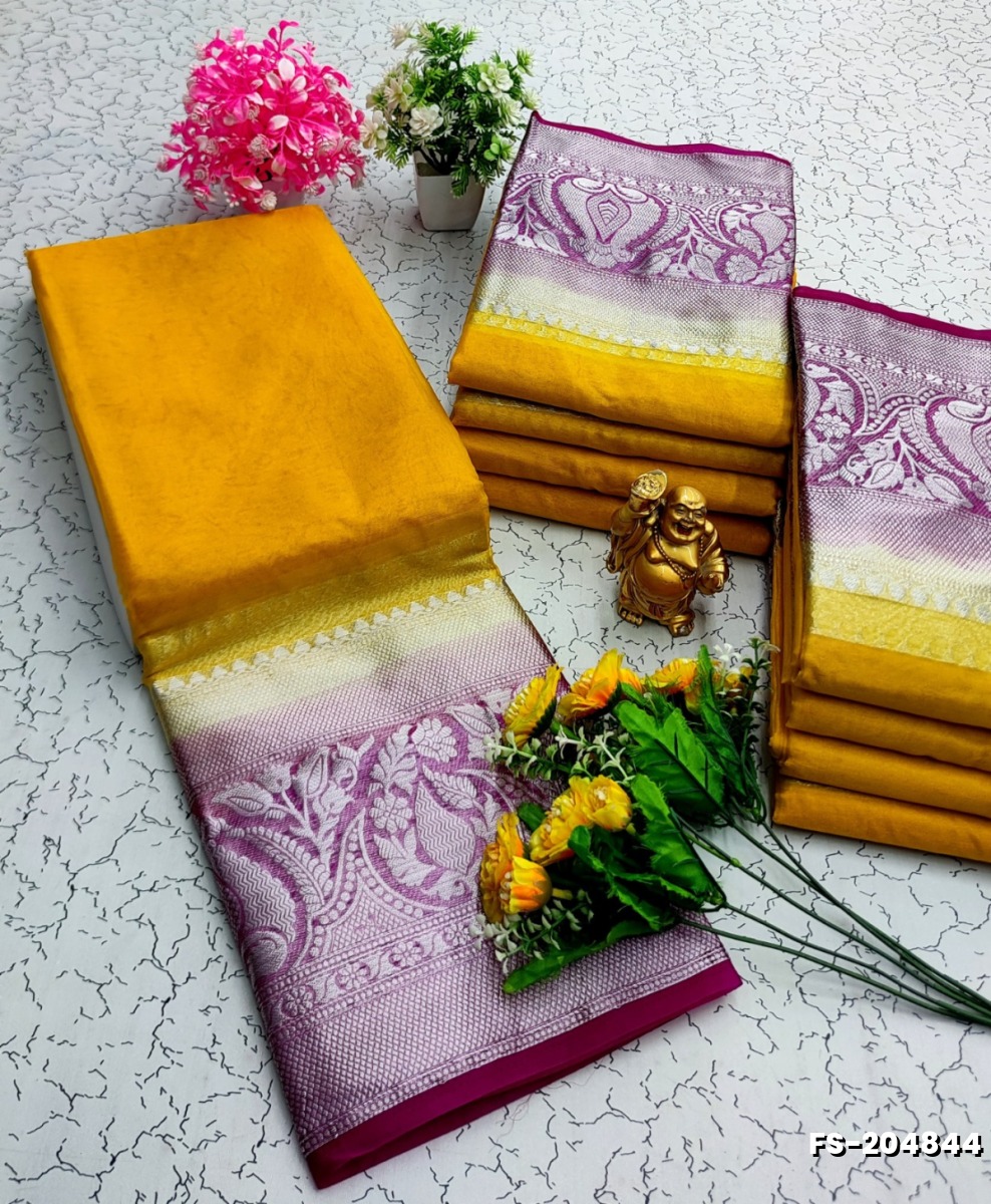 FANCY SILVAR ZARI PLAIN SOFT SILK SAREES - LIGHT YELLOW