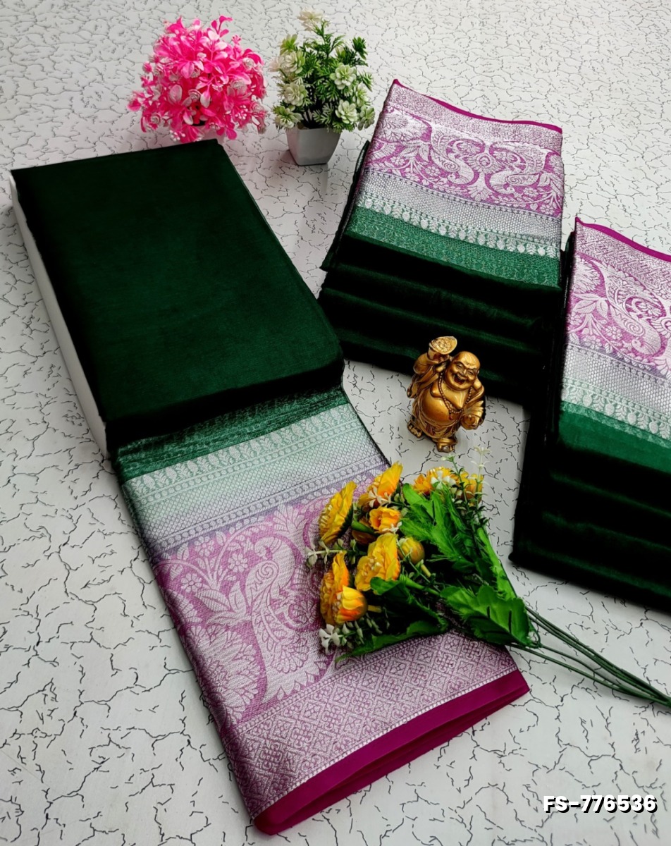 FANCY SILVAR ZARI PLAIN SOFT SILK SAREES - BOTTLE GREEN (1)