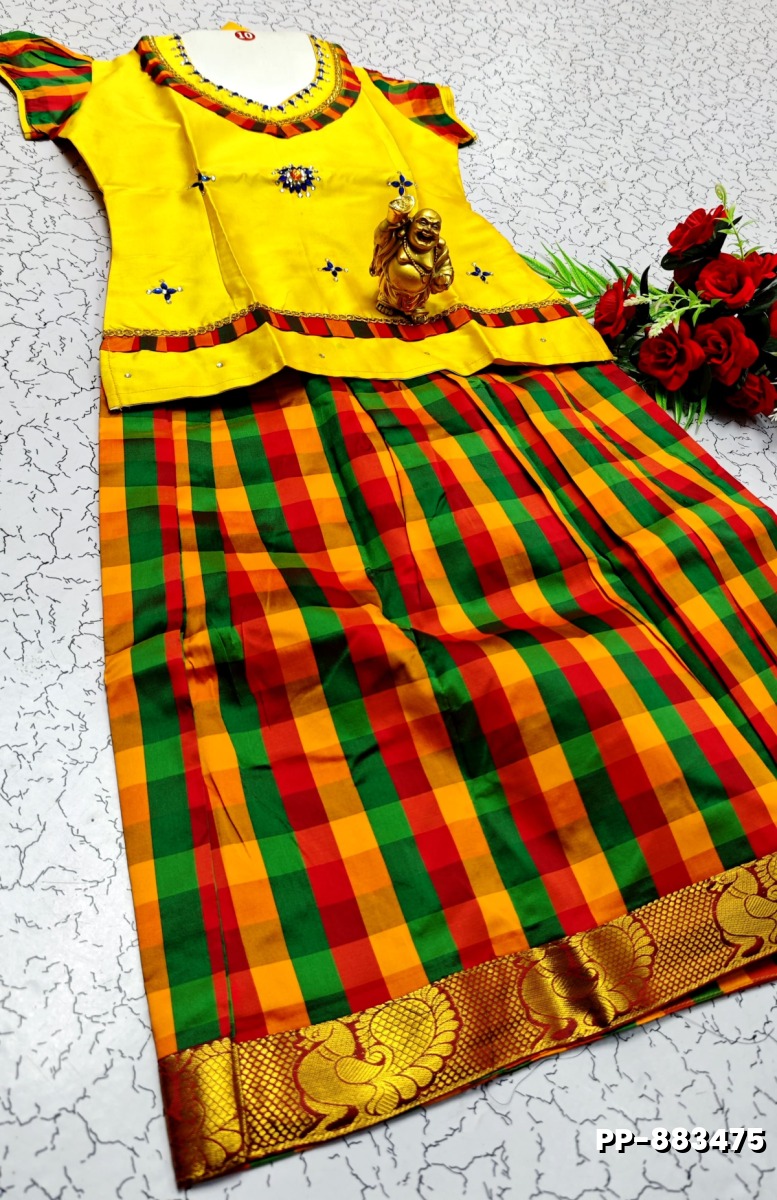 KIDS TRENDY WEAR PATTU PAVADAI SET - LEMON COLOUR