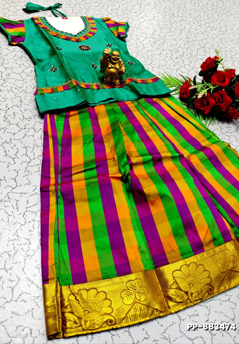KIDS TRENDY WEAR PATTU PAVADAI SET - EMERALD COLOUR
