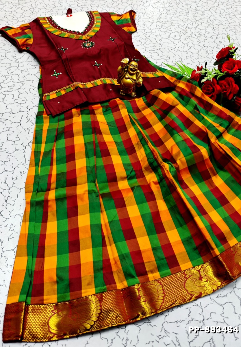 KIDS TRENDY WEAR PATTU PAVADAI SET - BROWN COLOUR