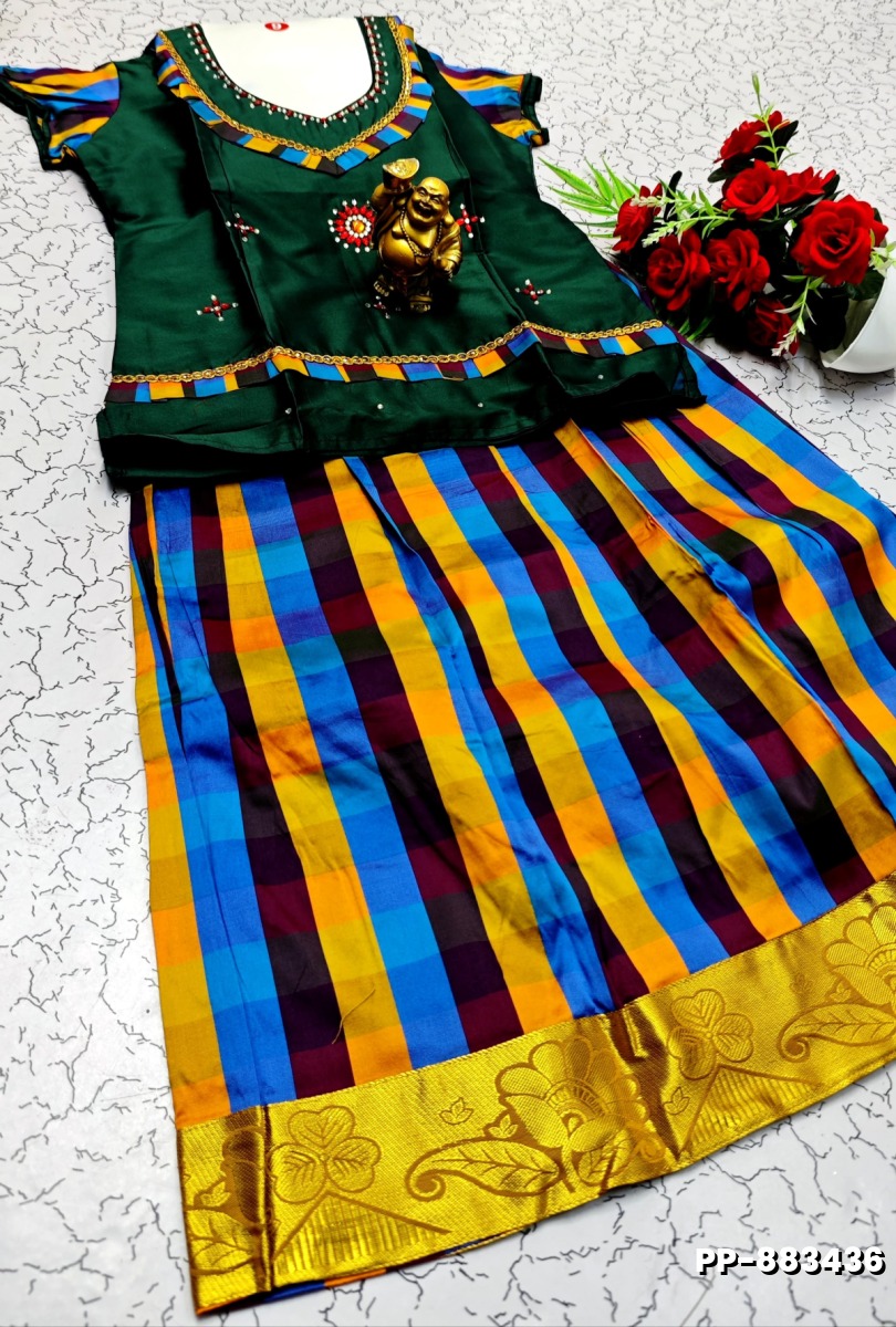 KIDS TRENDY WEAR PATTU PAVADAI SET - BOTTLE GREEN