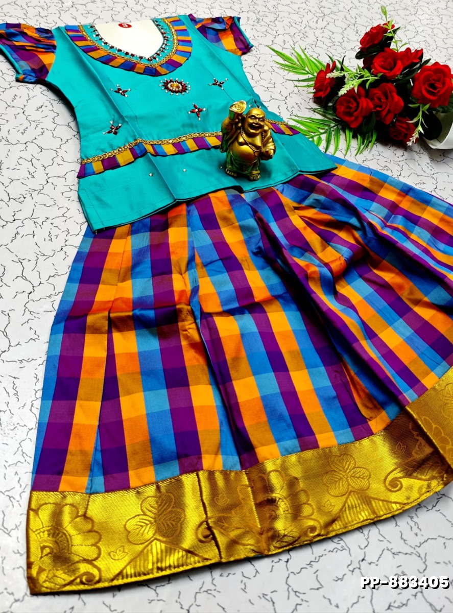 KIDS TRENDY WEAR PATTU PAVADAI SET - SKY BLUE