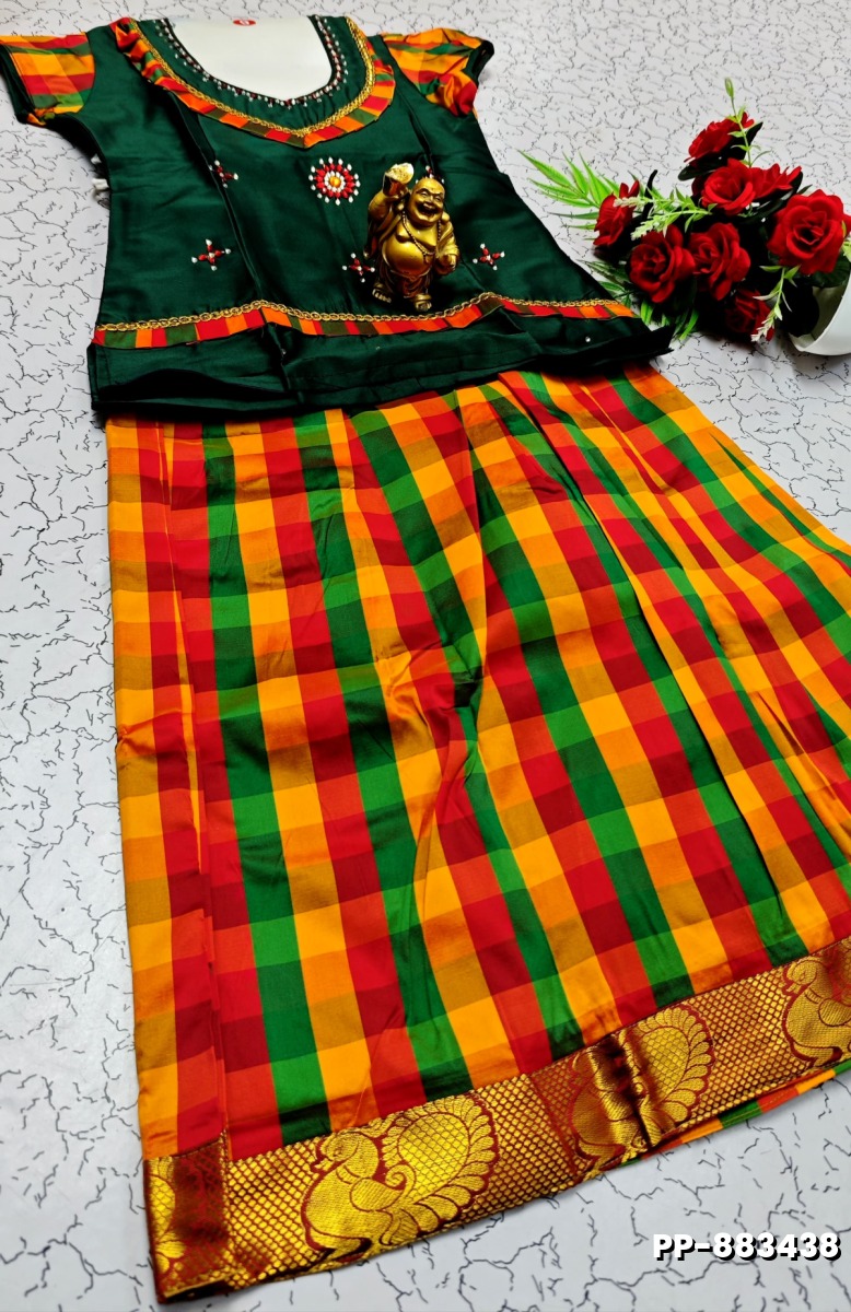 KIDS TRENDY WEAR PATTU PAVADAI SET - DARK GREEN