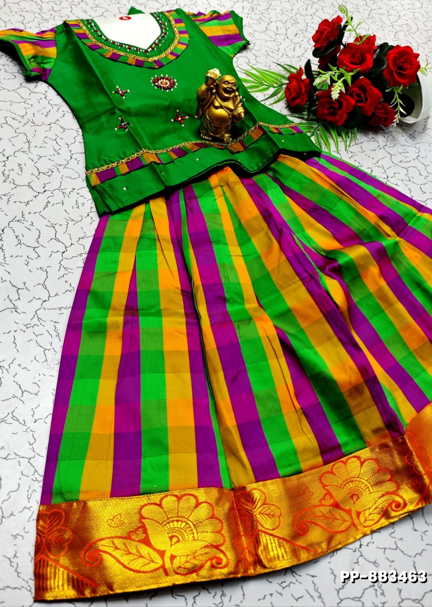 KIDS TRENDY WEAR PATTU PAVADAI SET - GREEN COLOUR