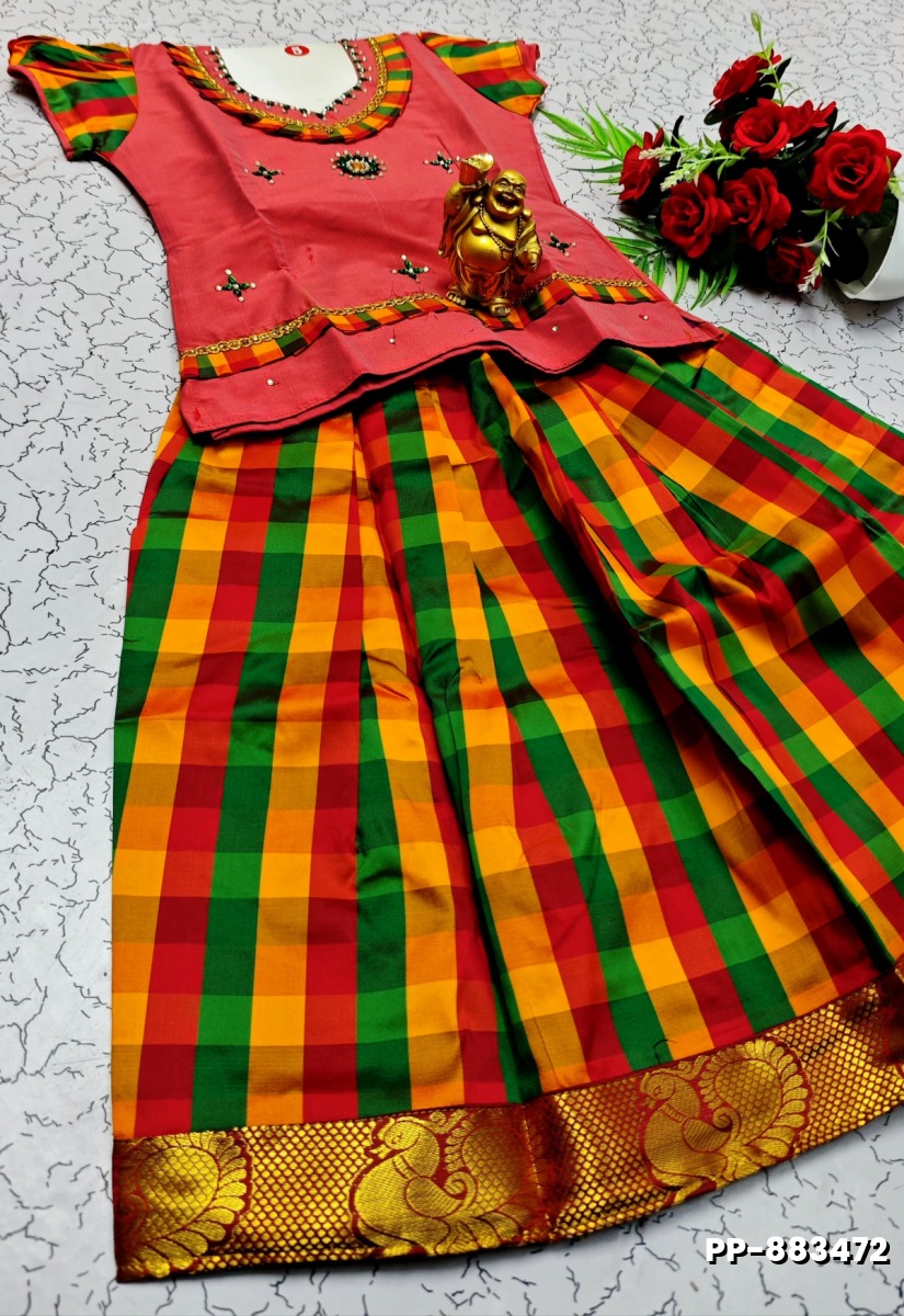 KIDS TRENDY WEAR PATTU PAVADAI SET - CORAL COLOUR