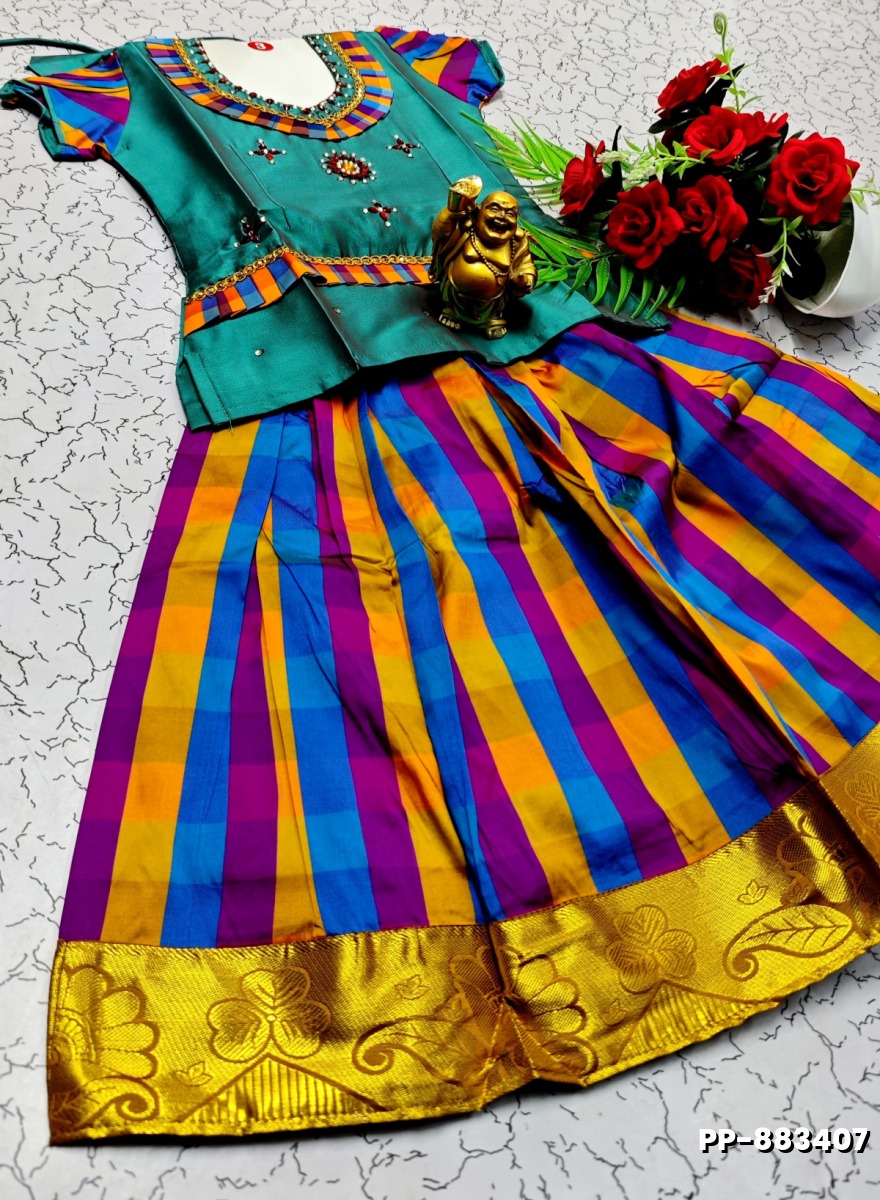 KIDS TRENDY WEAR PATTU PAVADAI SET - TEAL COLOUR
