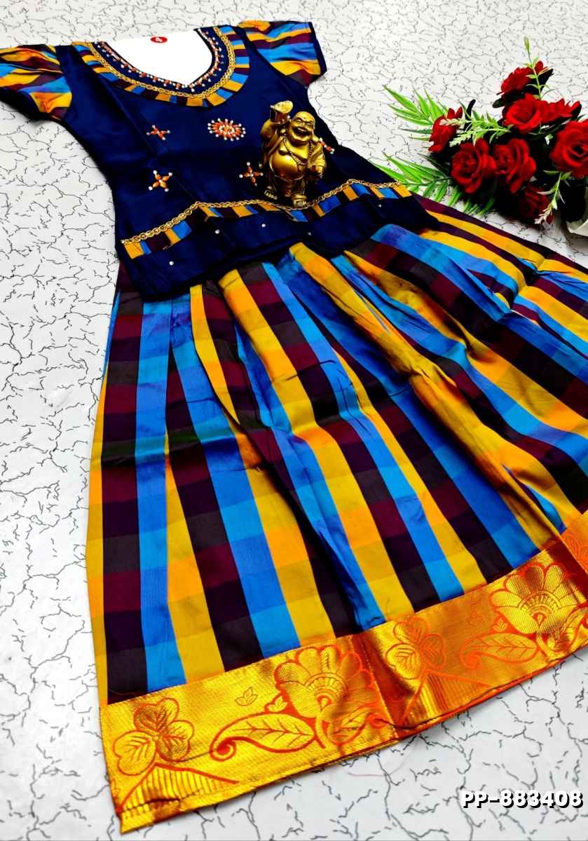 KIDS TRENDY WEAR PATTU PAVADAI SET - NAVY COLOUR