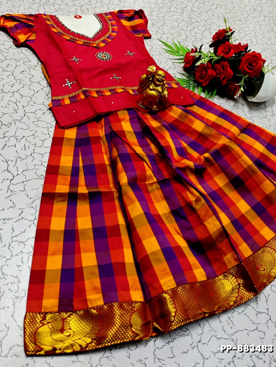 KIDS TRENDY WEAR PATTU PAVADAI SET - TOMATO COLOUR