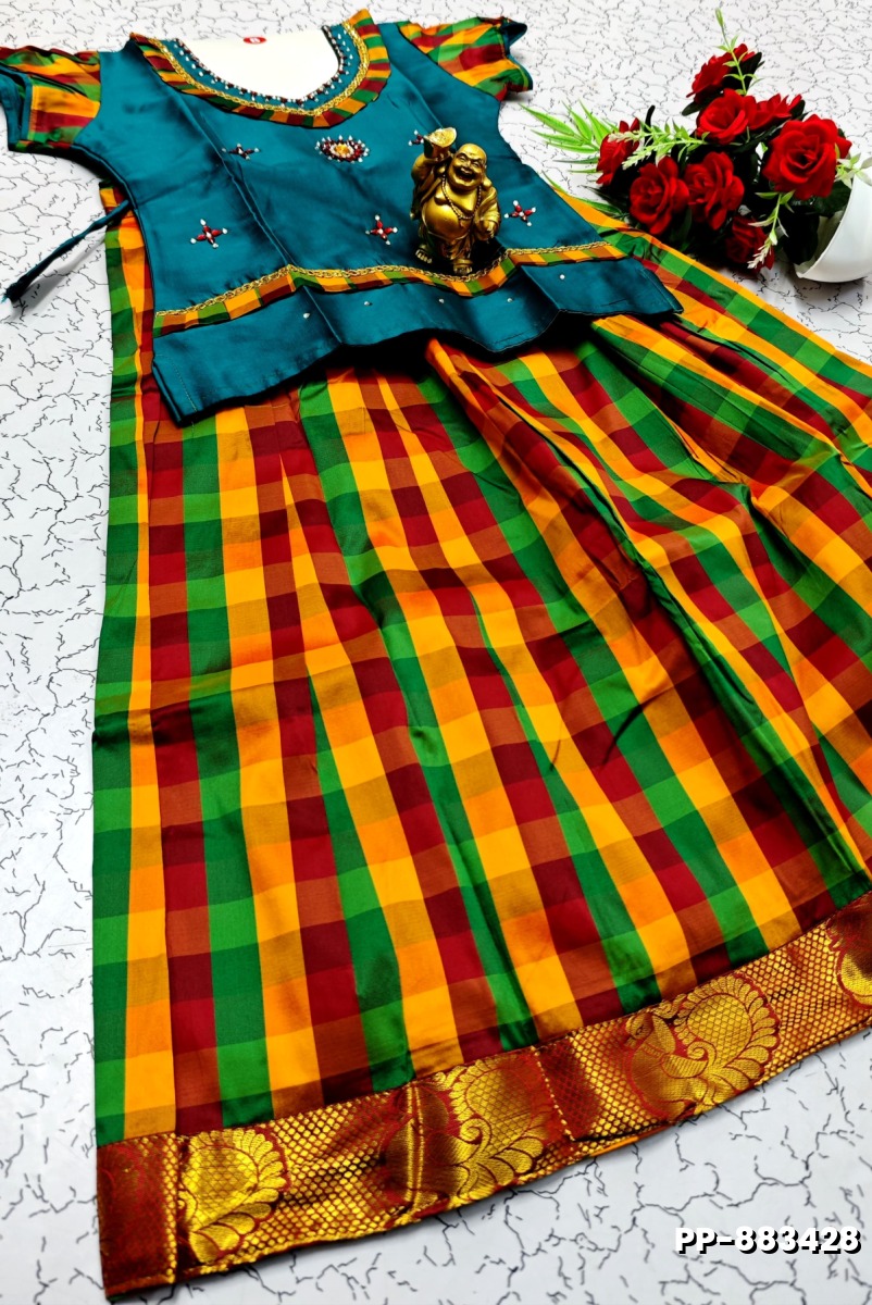 KIDS TRENDY WEAR PATTU PAVADAI SET - BULE