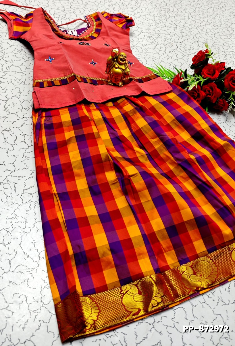 KIDS TRENDY WEAR PATTU PAVADAI SET - CORAL COLOUR (1)