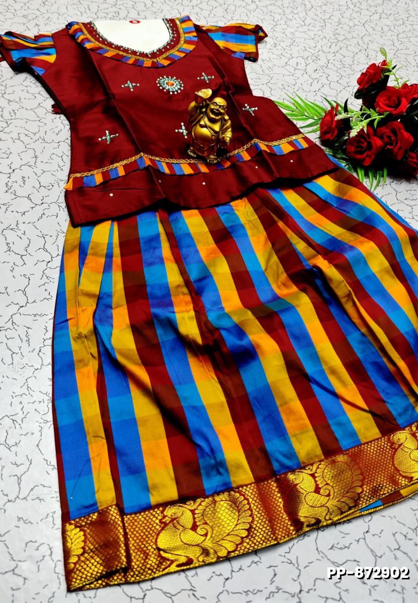 KIDS TRENDY WEAR PATTU PAVADAI SET - MERUN