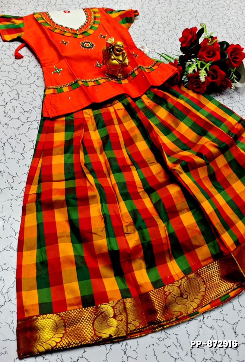 KIDS TRENDY WEAR PATTU PAVADAI SET - ORANGE (1)