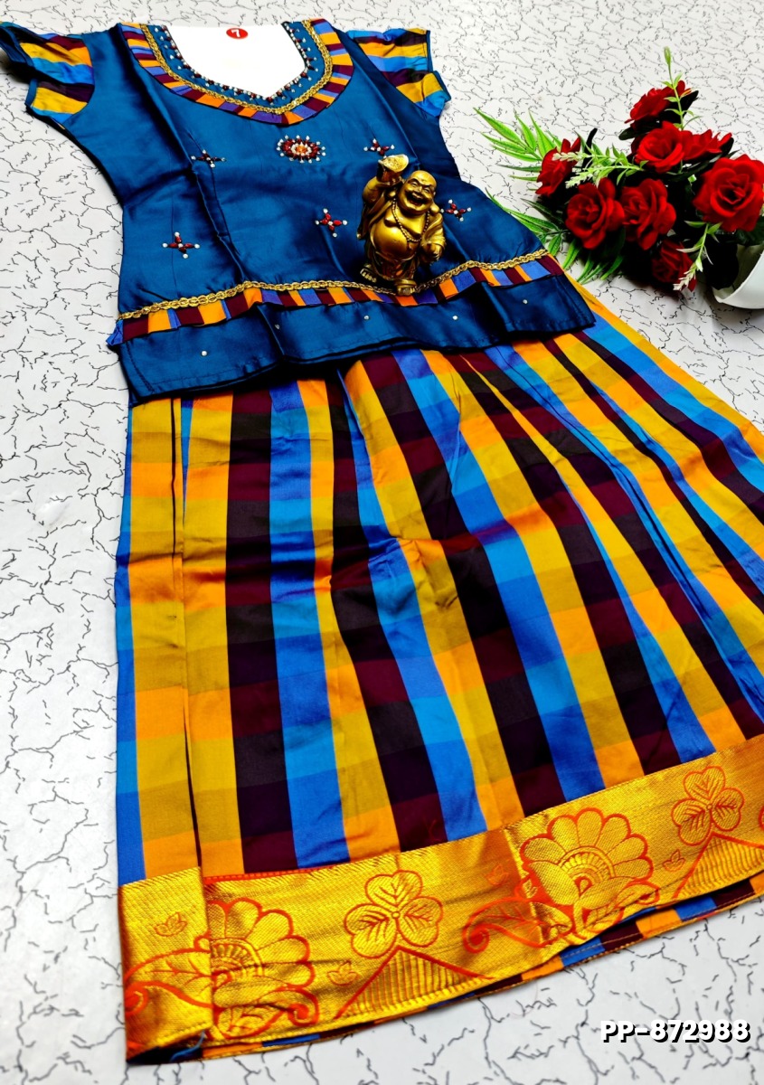 KIDS TRENDY WEAR PATTU PAVADAI SET - PEACKOK BLUE