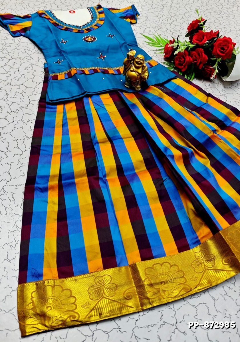 KIDS TRENDY WEAR PATTU PAVADAI SET - BLUE SHADE (1)