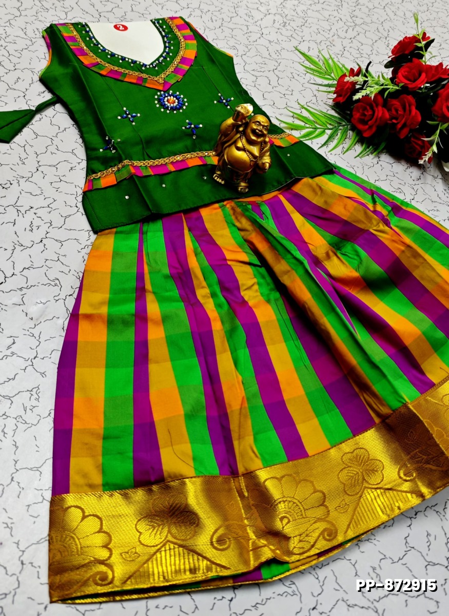 KIDS TRENDY WEAR PATTU PAVADAI SET - GREEN (1)