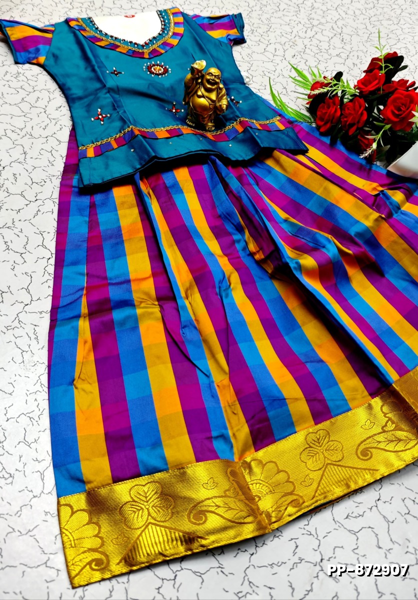 KIDS TRENDY WEAR PATTU PAVADAI SET - TEAL COLOUR (1)