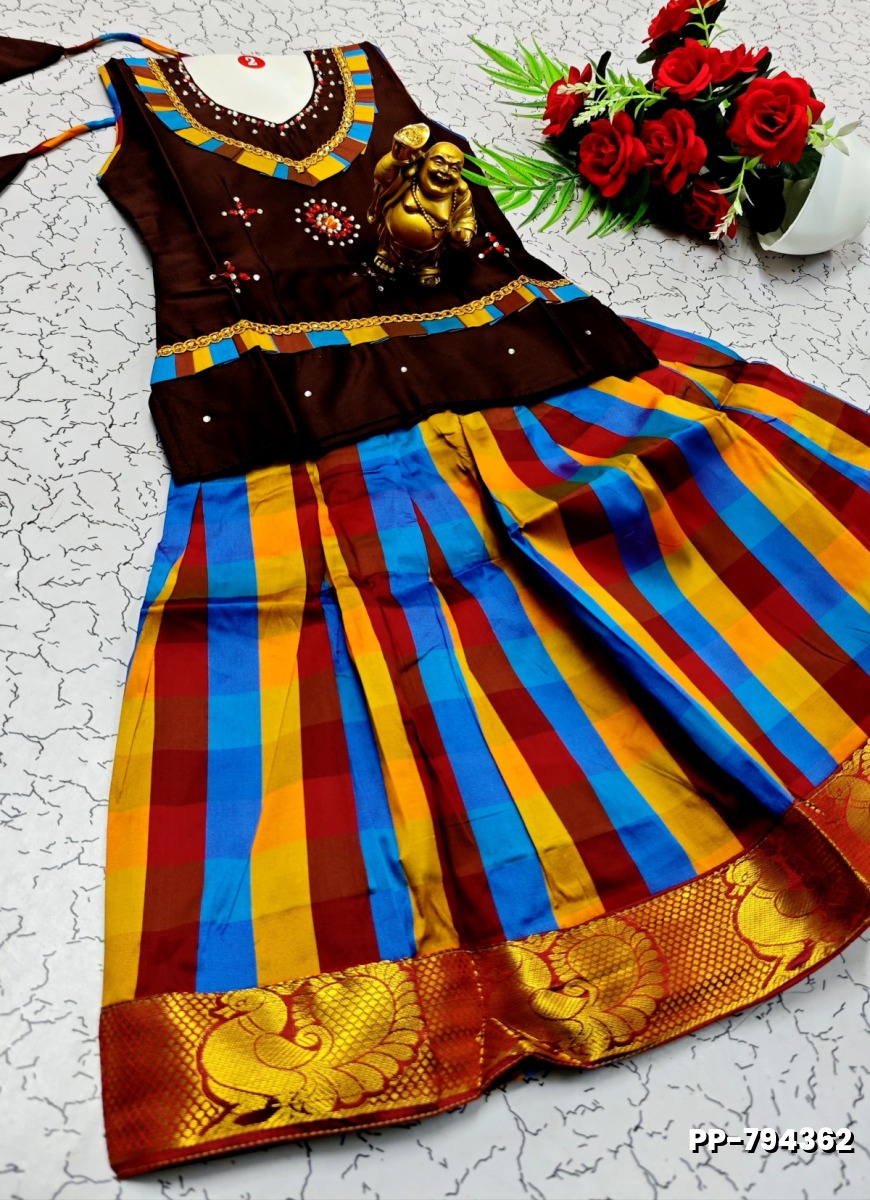 KIDS TRENDY WEAR PATTU PAVADAI SET - MAROON COLOR