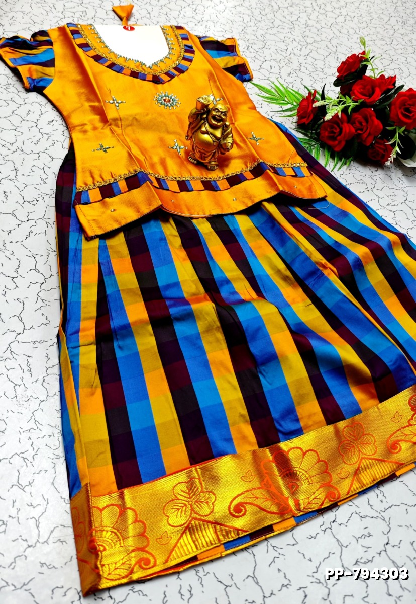 KIDS TRENDY WEAR PATTU PAVADAI SET - GOLD (1)