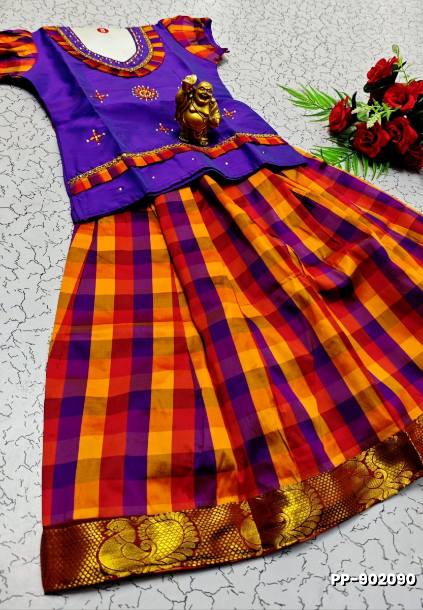 KIDS TRENDY WEAR PATTU PAVADAI SET - BRINJAL COLOUR