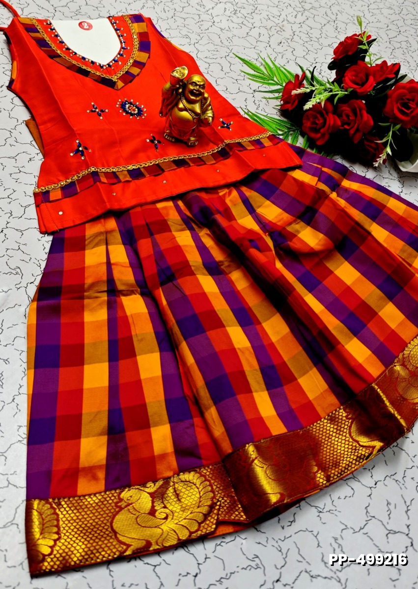 KIDS TRENDY WEAR PATTU PAVADAI SET - ORANGE (2)