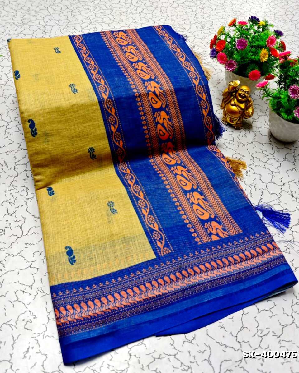 DIGITAL PRINTING KALIYANI LINEN COTTON SAREES - LEMON COLOUR