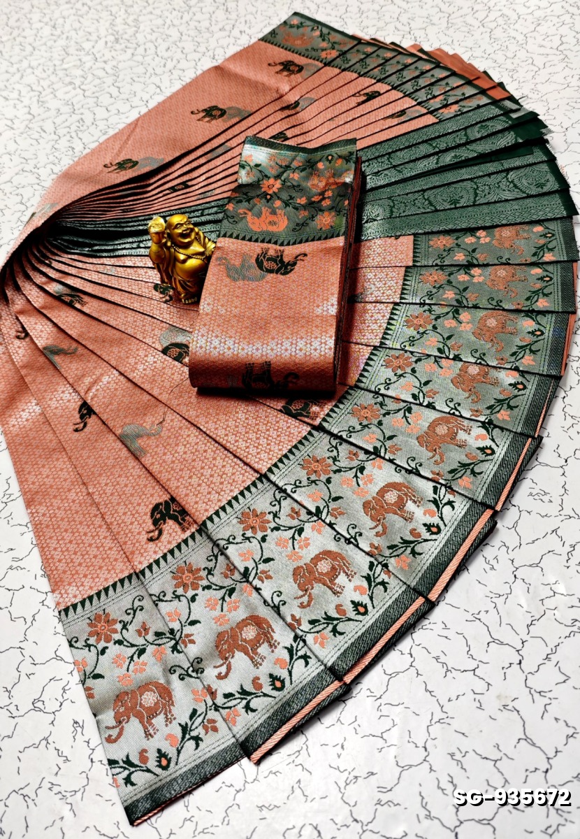 KUBERA PATTU  ELITE BRIDAL RAPIER FANCY LIGHT WEIGHT SILK TYPE SAREES - CORAL COLOUR