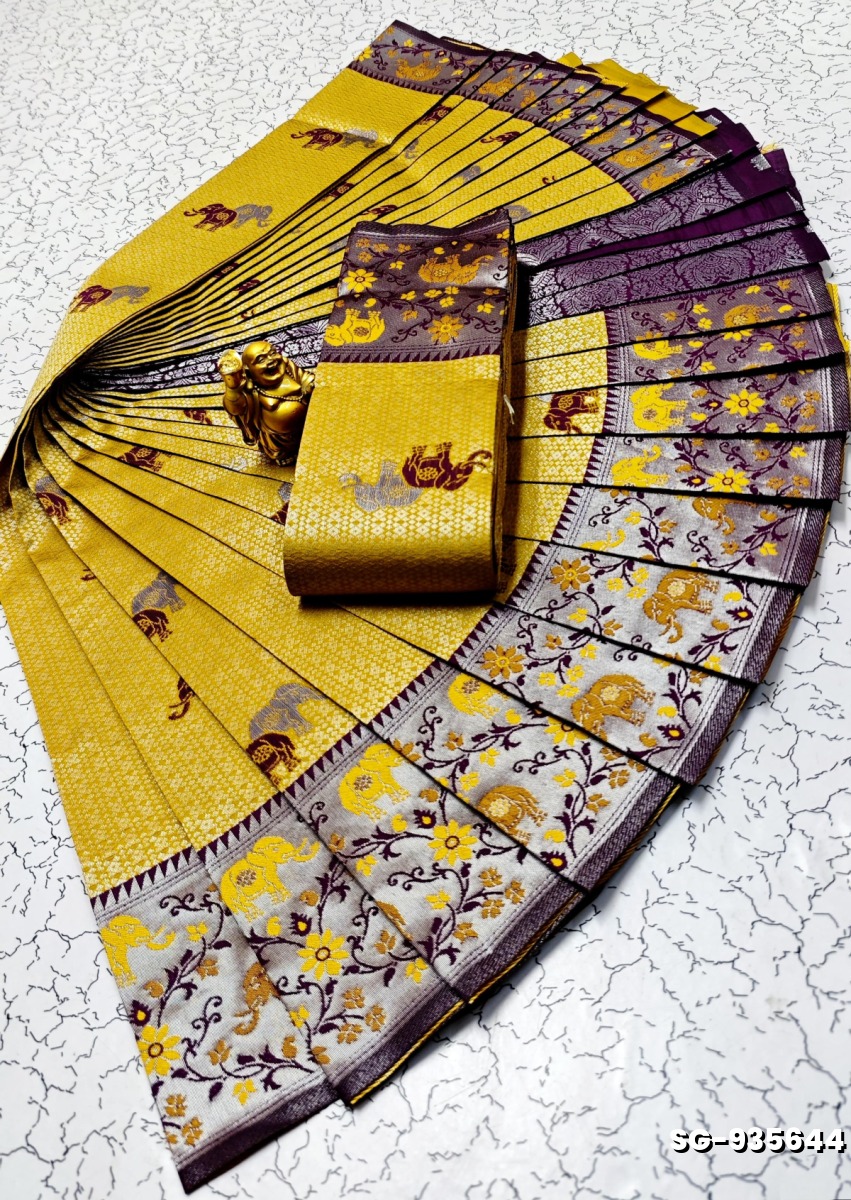 KUBERA PATTU  ELITE BRIDAL RAPIER FANCY LIGHT WEIGHT SILK TYPE SAREES - LIGHT YELLOW