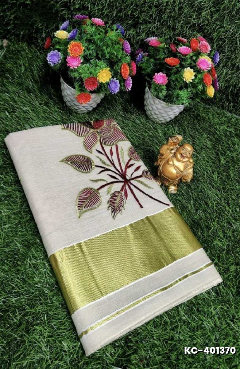 TRENDING KERALA SPECIAL FULL WORK EMBOSSED DIGITAL PRINTING TISSUE SAREE COLLECTIONS - IVORY COLOUR