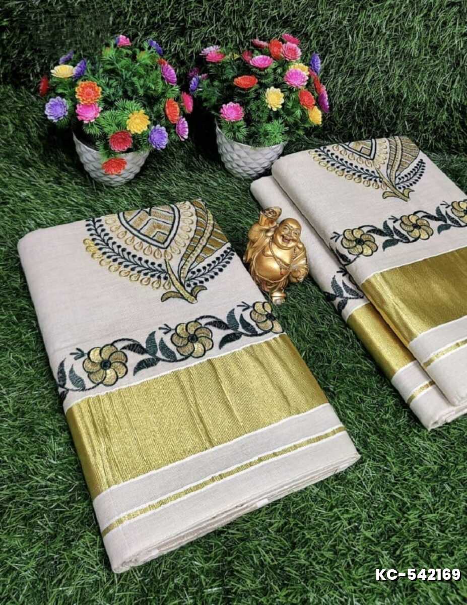 TRENDING KERALA SPECIAL FULL WORK EMBOSSED DIGITAL PRINTING TISSUE SAREE COLLECTIONS - BEIGE COLOUR (1)