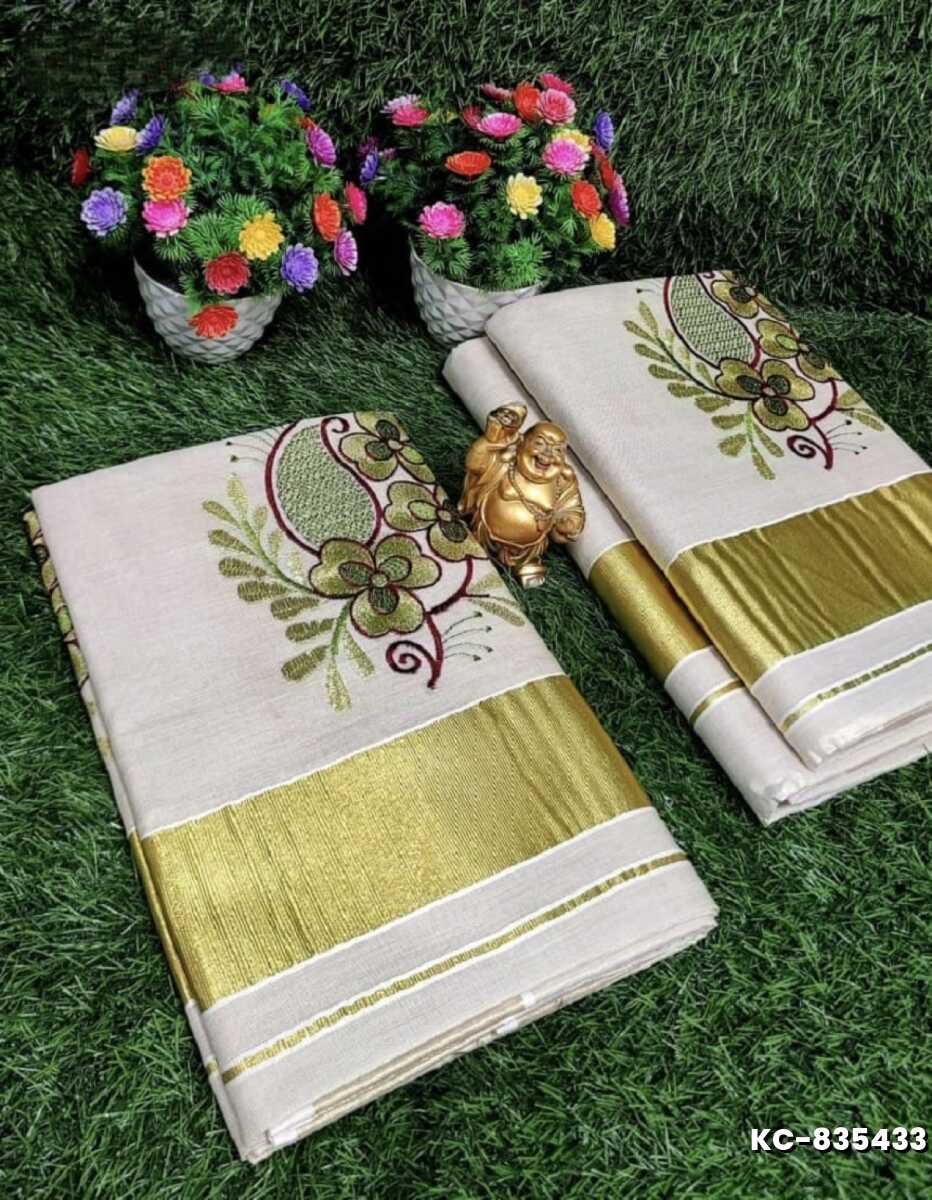 TRENDING KERALA SPECIAL FULL WORK EMBOSSED DIGITAL PRINTING TISSUE SAREE COLLECTIONS - CREAM (6)