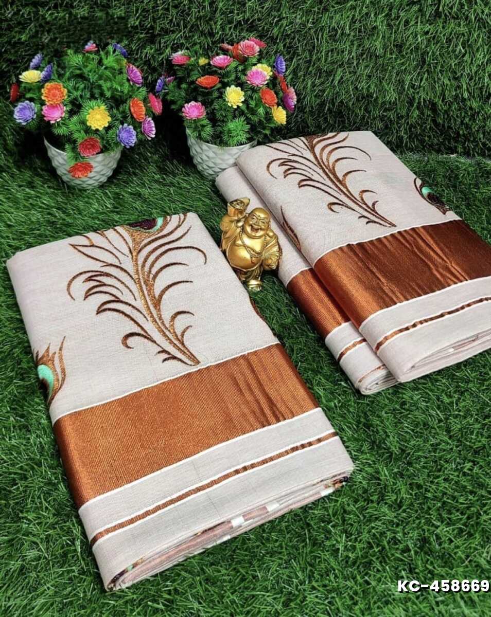 TRENDING KERALA SPECIAL FULL WORK EMBOSSED DIGITAL PRINTING TISSUE SAREE COLLECTIONS - BEIGE COLOUR (2)