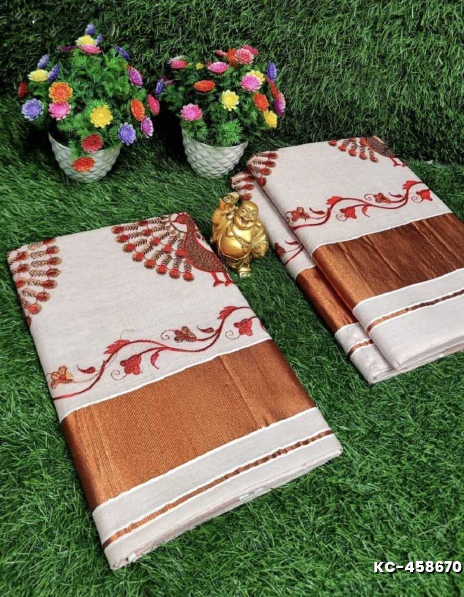 TRENDING KERALA SPECIAL FULL WORK EMBOSSED DIGITAL PRINTING TISSUE SAREE COLLECTIONS - IVORY COLOUR (1)