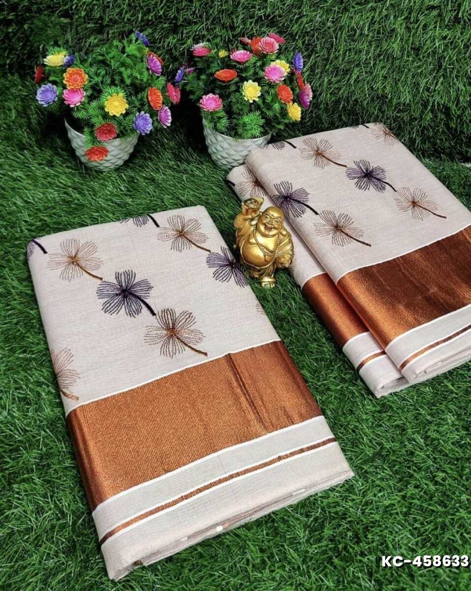 TRENDING KERALA SPECIAL FULL WORK EMBOSSED DIGITAL PRINTING TISSUE SAREE COLLECTIONS - CREAM (7)