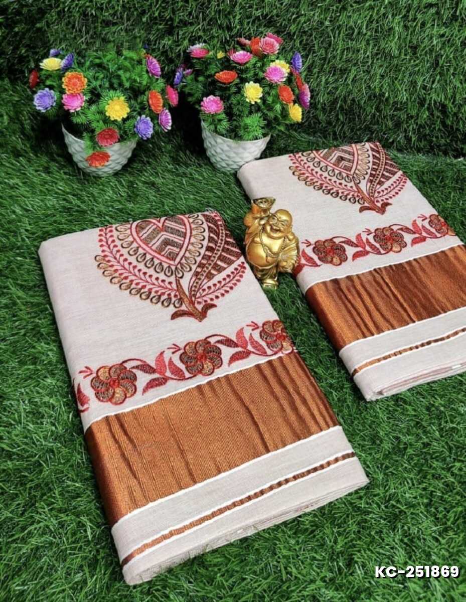 TRENDING KERALA SPECIAL FULL WORK EMBOSSED DIGITAL PRINTING TISSUE SAREE COLLECTIONS - BEIGE COLOUR (3)