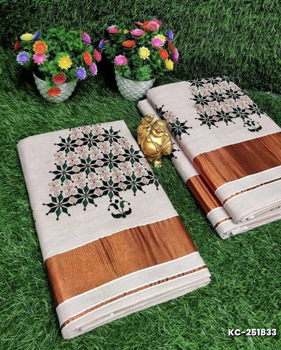TRENDING KERALA SPECIAL FULL WORK EMBOSSED DIGITAL PRINTING TISSUE SAREE COLLECTIONS - CREAM (8)